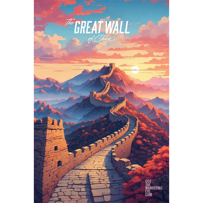 Great Wall of China Travel Poster. Digitally illustrated wall art poster print by Allan Chan.