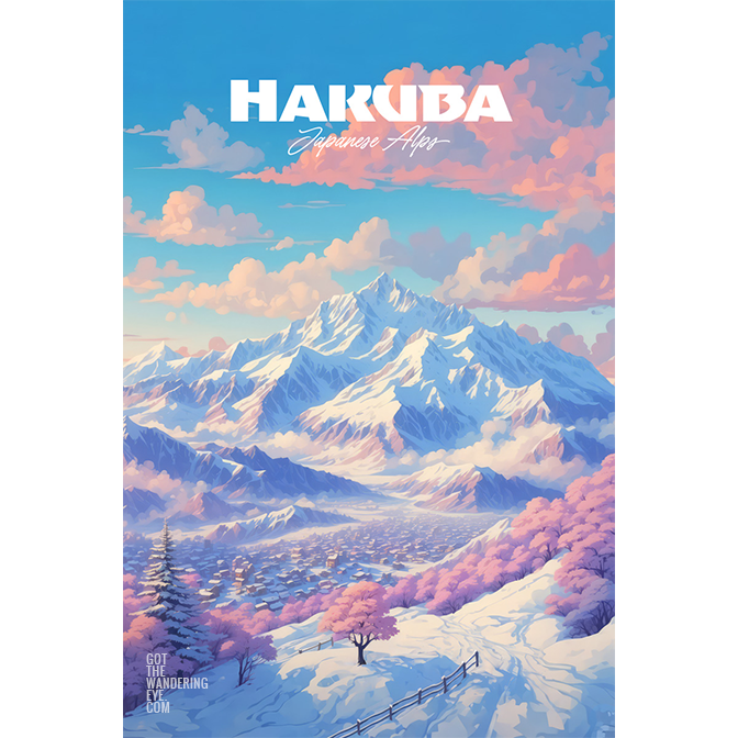 Hakuba Travel Poster. Digitally illustrated wall art poster print by Allan Chan.