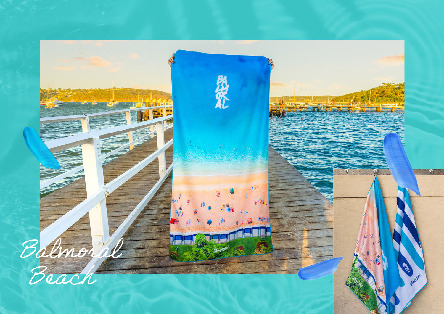 Wandrful sand-free beach towels at Balmoral Beach. Model using sand-free beach towel.