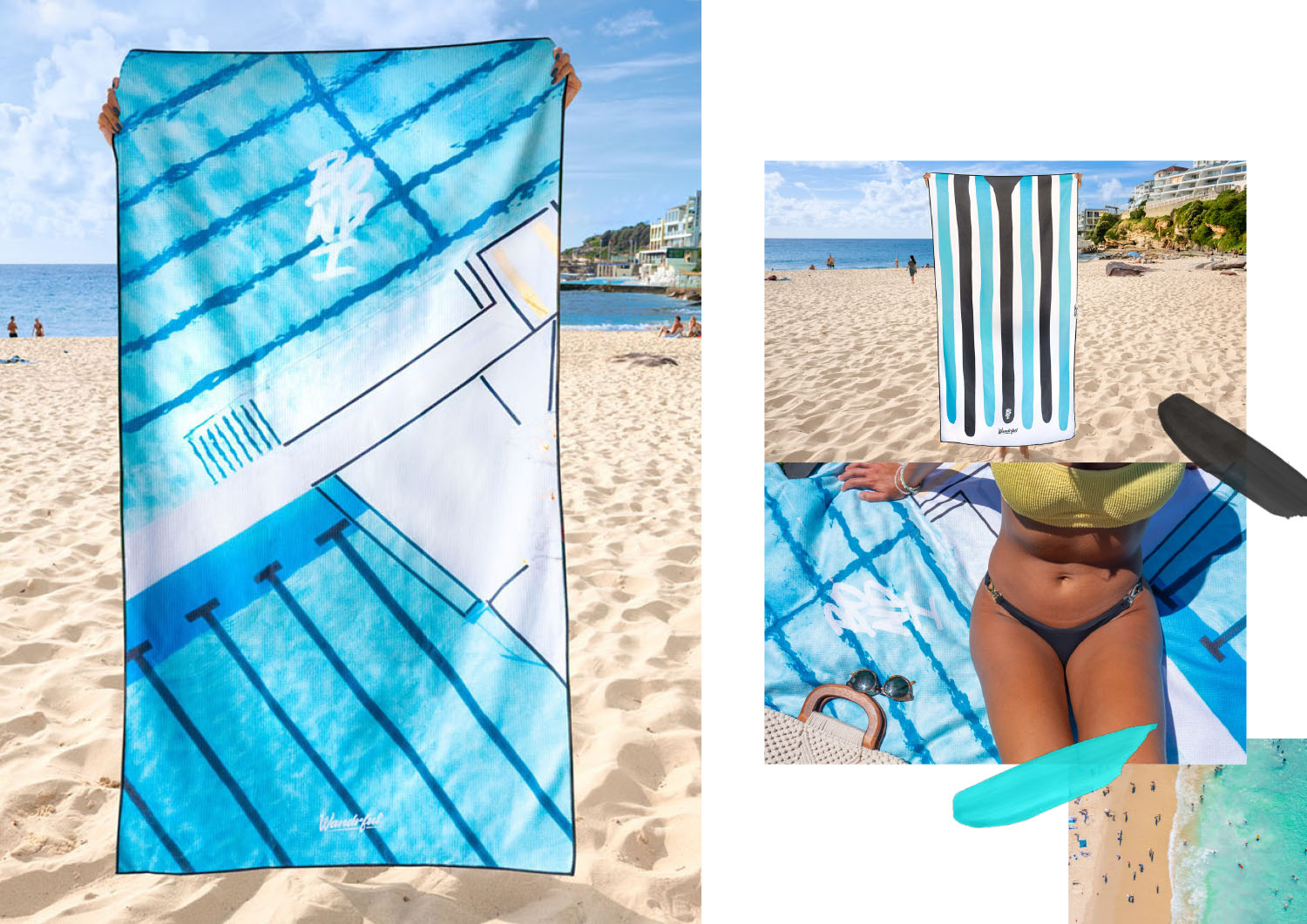 Wandrful sand-free beach towels at Bondi Beach. Model using sand-free beach towel.