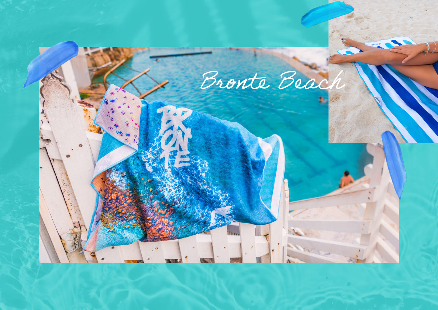 Wandrful sand-free beach towels at Bronte Beach. Model using sand-free beach towel.