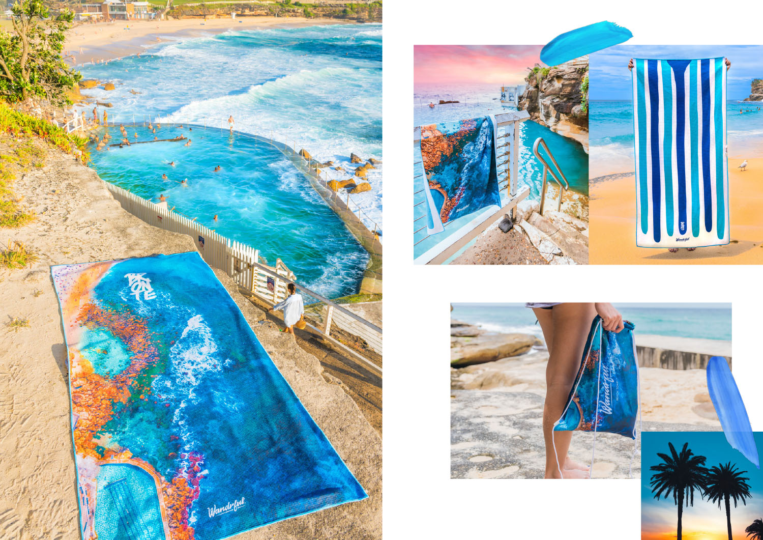 Wandrful sand-free beach towels at Bronte Beach. Model using sand-free beach towel.
