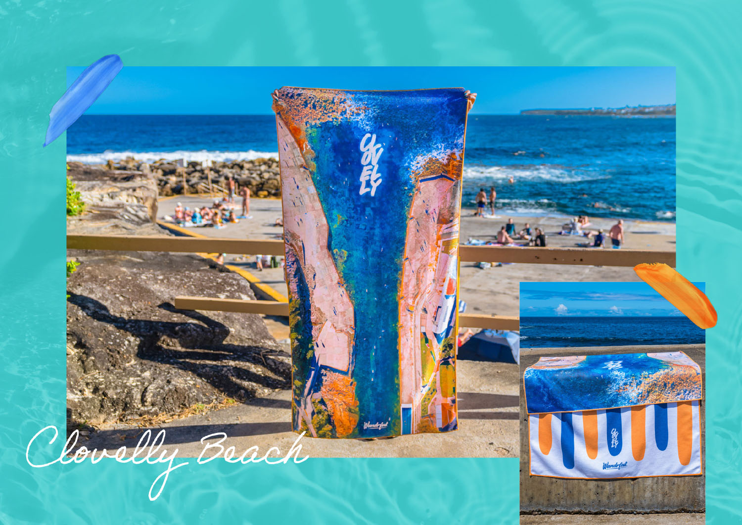 Wandrful sand-free beach towels at Clovelly Beach. Model using sand-free beach towel.