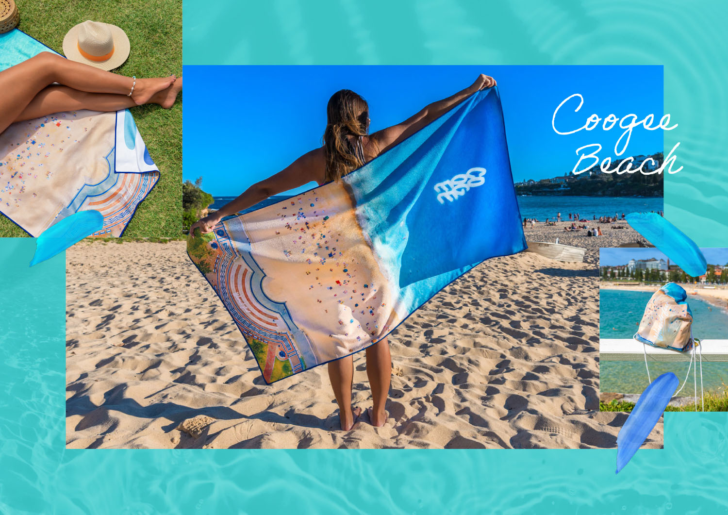 Wandrful sand-free beach towels at Coogee Beach. Model using sand-free beach towel.