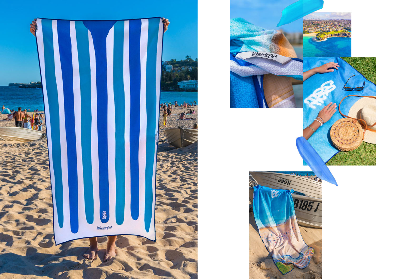 Wandrful sand-free beach towels at Coogee Beach. Model using sand-free beach towel.
