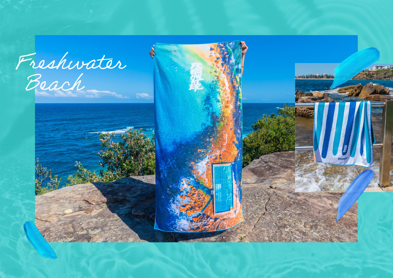Wandrful sand-free beach towels at Freshwater Beach. Model using sand-free beach towel.