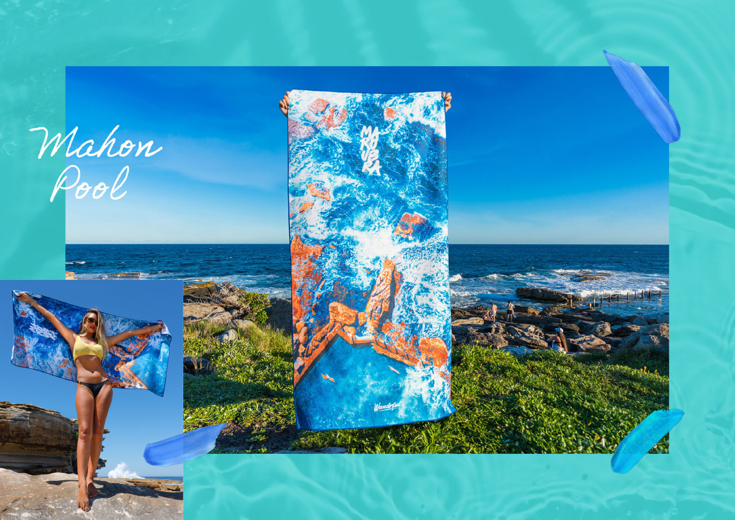 Wandrful sand-free beach towels at Mahon Pool, Maroubra. Model using sand-free beach towel.