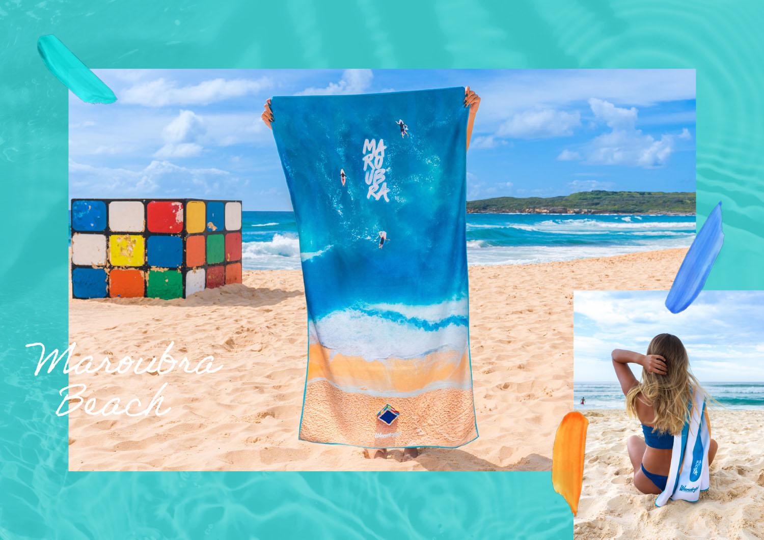 Wandrful Maroubra beach towel, blonde woman sitting on the beach