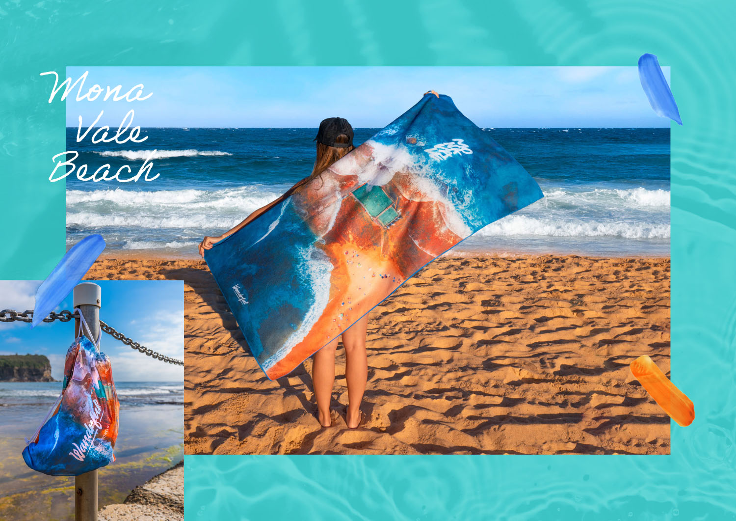 Wandrful sand-free beach towels at Mona Vale Beach. Model using sand-free beach towel.