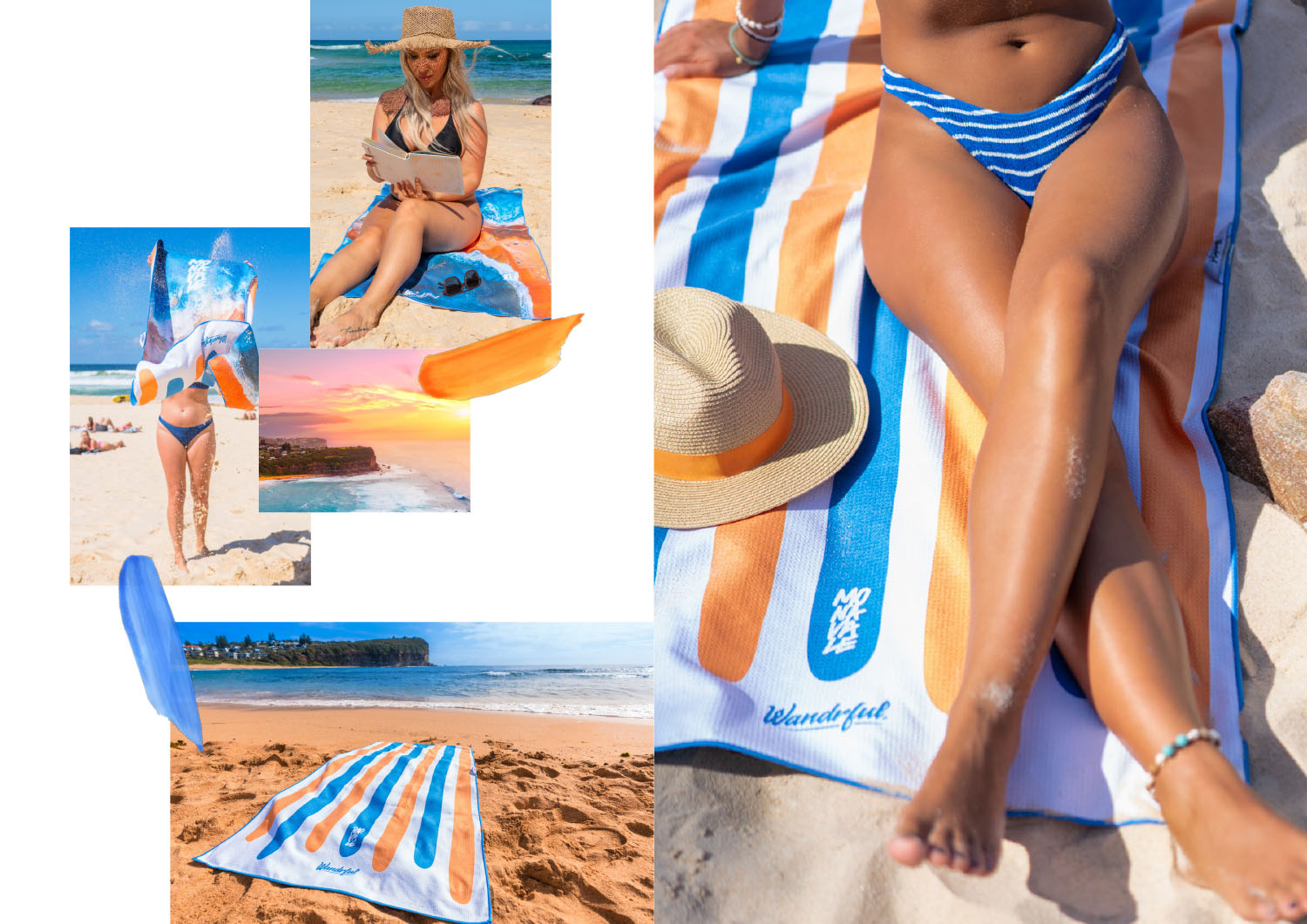 Wandrful sand-free beach towels at Mona Vale Beach. Model using sand-free beach towel.