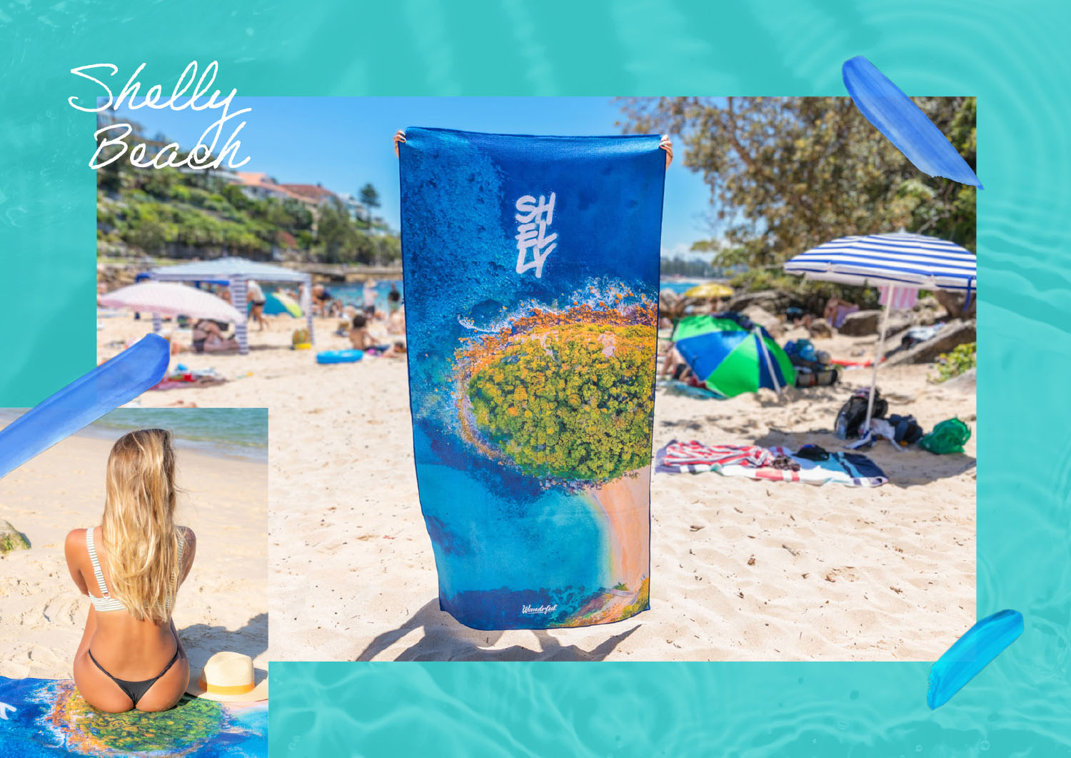 Wandrful sand-free beach towels at Shelly Beach, Manly. Model using sand-free beach towel.