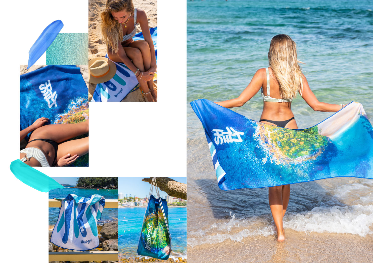 Wandrful sand-free beach towels at Shelly Beach, Manly. Model using sand-free beach towel.