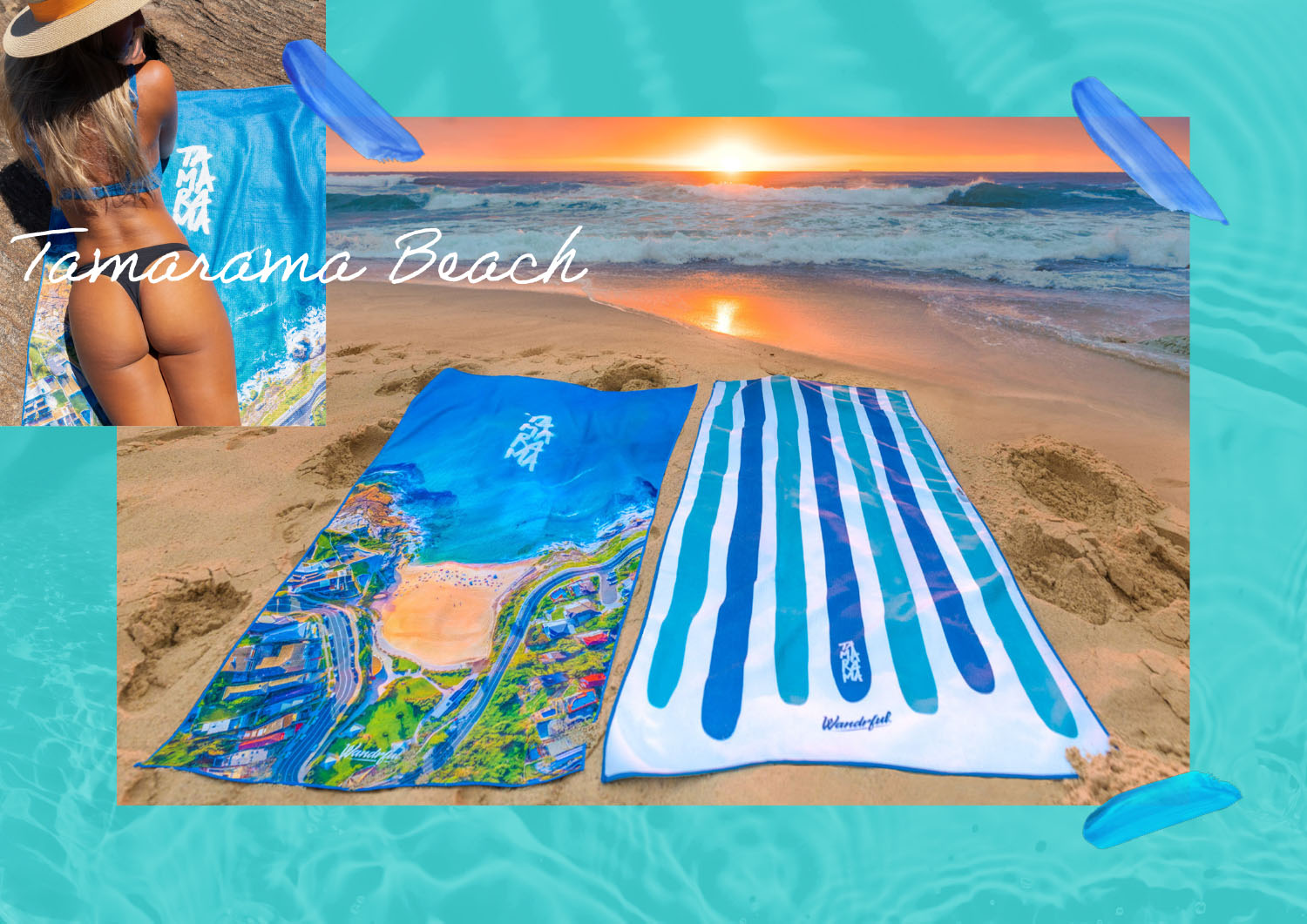 Wandrful sand-free beach towels at Tamarama Beach. Model using sand-free beach towel.