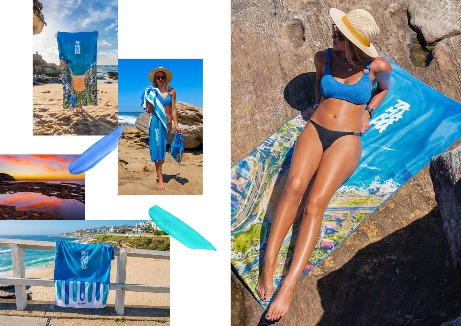 Wandrful sand-free beach towels at Tamarama Beach. Model using sand-free beach towel.