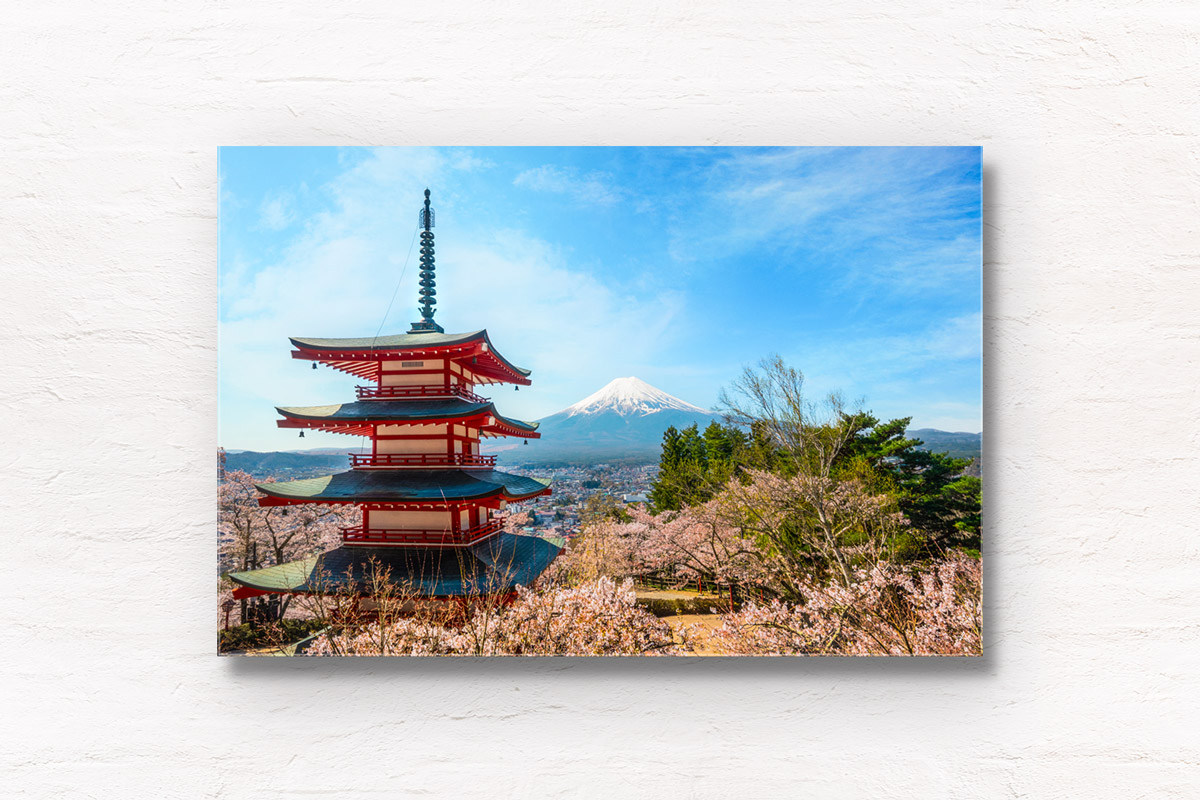Chureito Pagoda and Mount Fuji Sakura on a beautiful clear spring day. Framed art photography, wall art prints by Allan Chan.