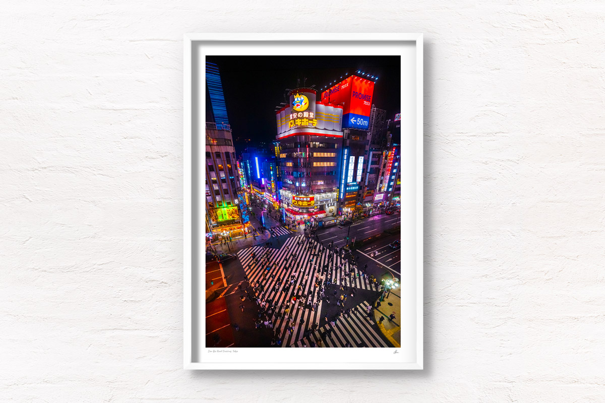 Urban, aerial view above kabuki-cho crossing, illuminated at night, Shinjuku. Framed art photography, wall art prints by Allan Chan.