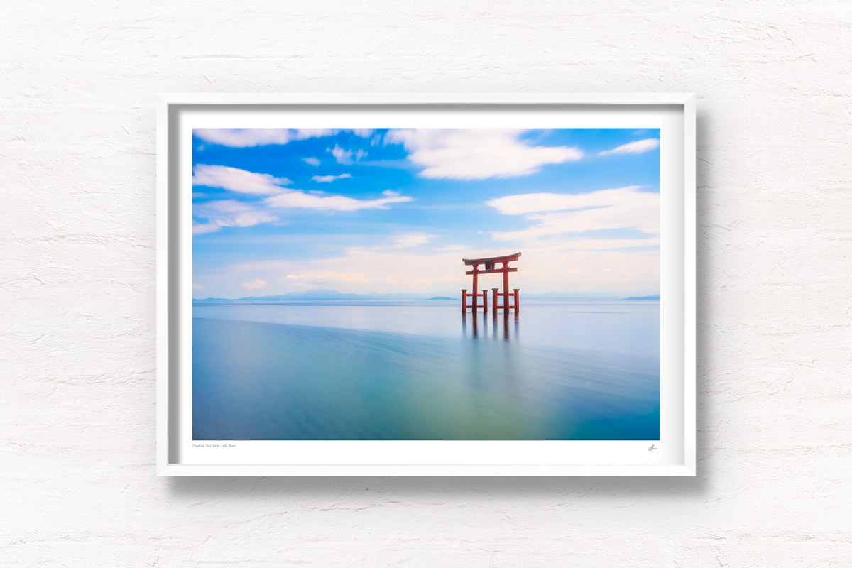 Floating Torii Gate at Lake Biwa, Shirahige Shrine, long exposure, silky lake photograph. Framed art photography, wall art prints by Allan Chan.