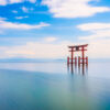 Floating Torii Gate at Lake Biwa, Shirahige Shrine, long exposure, silky lake photograph.