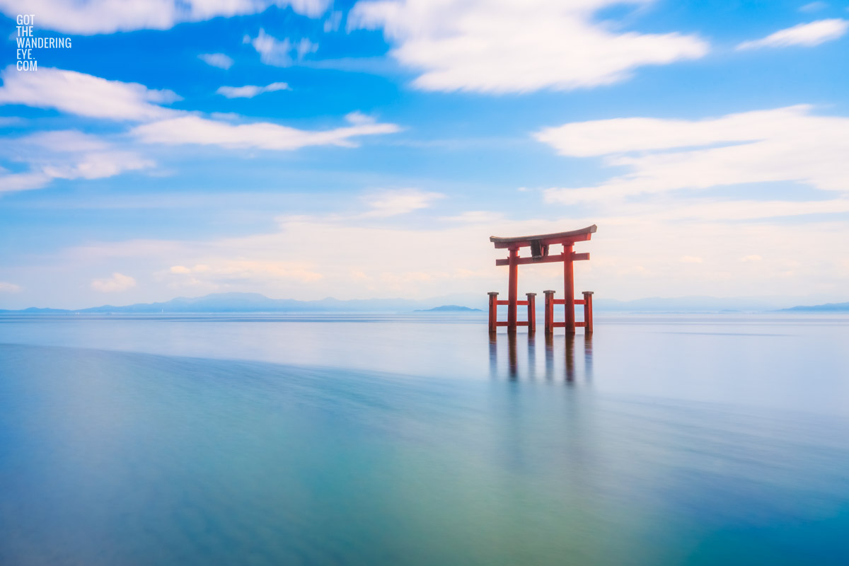 Floating Torii Gate at Lake Biwa, Shirahige Shrine, long exposure, silky lake photograph.
