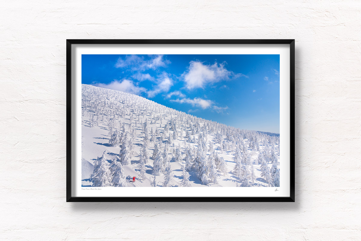 Zao Onsen Snow Trees. Man taking a photo of the spectacular landscape of snow monsters. Framed art photography, wall art prints by Allan Chan.