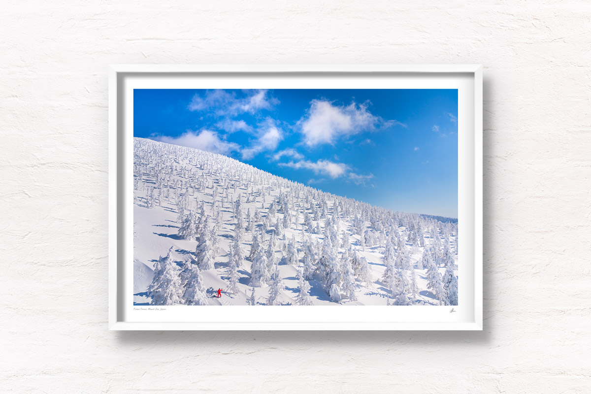 Zao Onsen Snow Trees. Man taking a photo of the spectacular landscape of snow monsters. Framed art photography, wall art prints by Allan Chan.