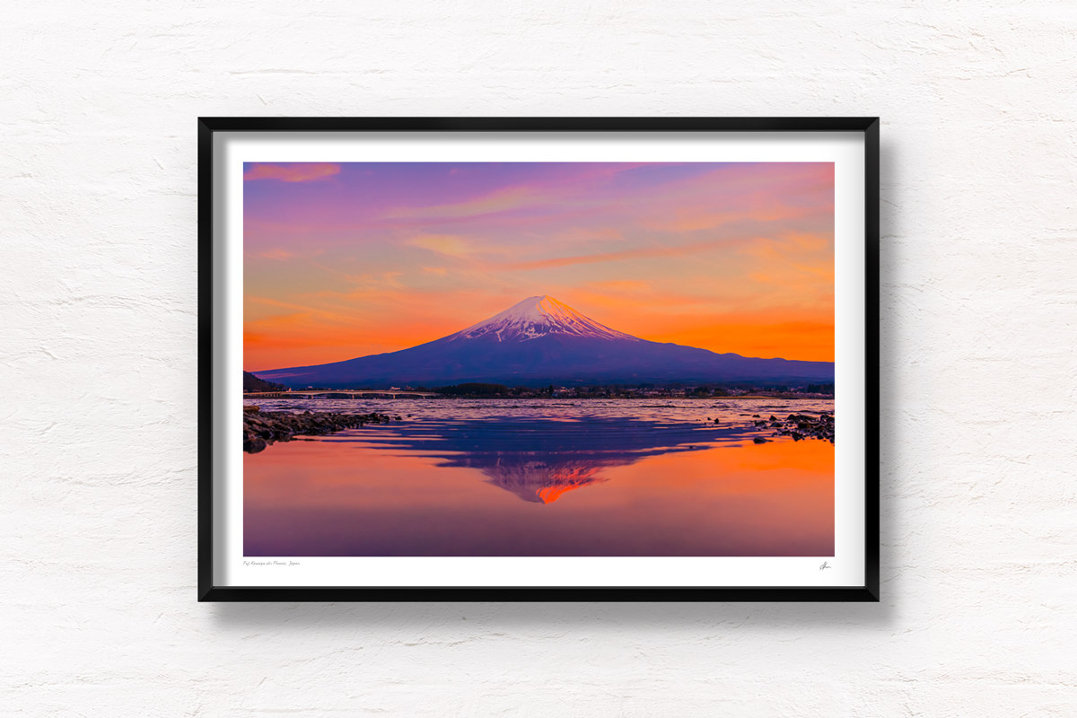 Spectacular pink sky, whispy cloud, sunset reflection at Lake Kawaguchi Fuji Sunset. Framed art photography, wall art prints by Allan Chan.