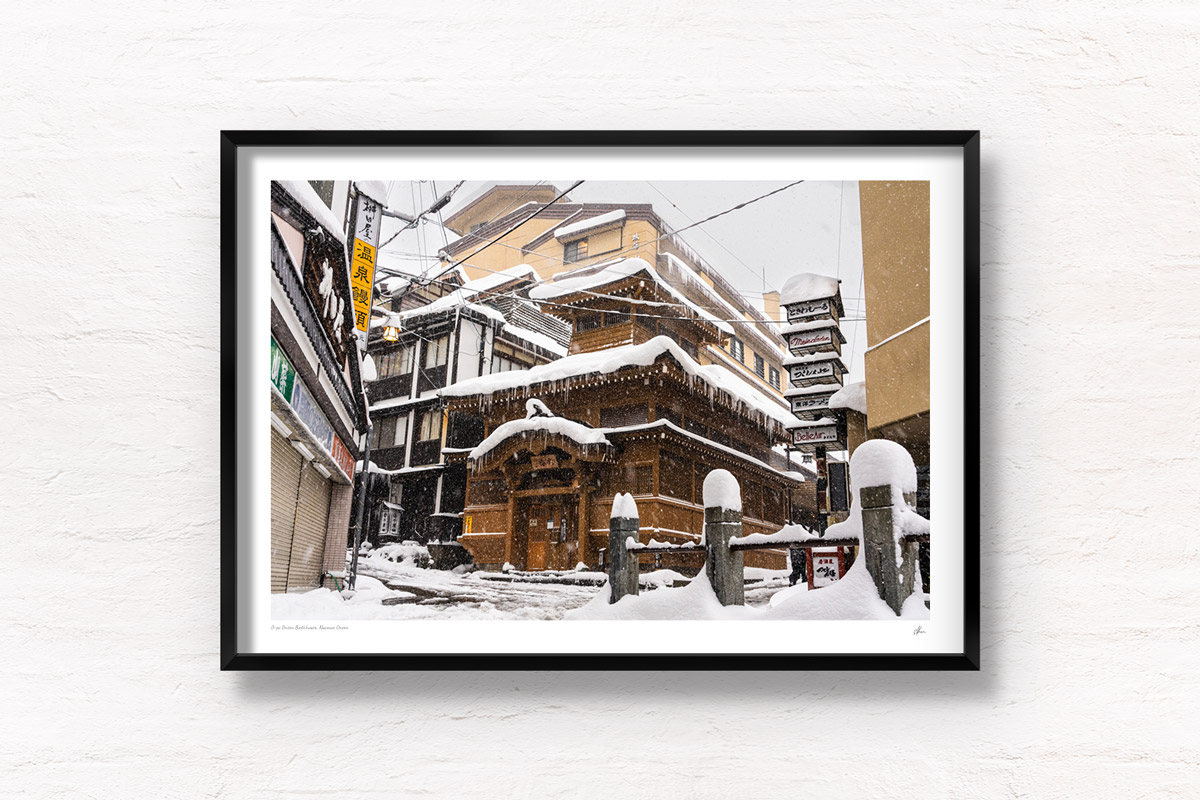Oyu Onsen Bathhouse Print, Nozawa famous hot springs village covered in snow in Winter. Framed art photography, wall art prints by Allan Chan.