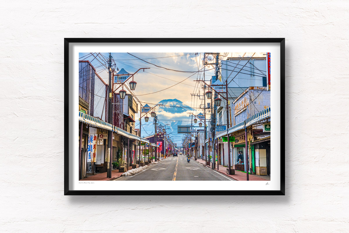 Road to Mount Fuji Street View Print. The best street view of the iconic mountain from Fujiyoshida. Framed art photography, wall art prints by Allan Chan.