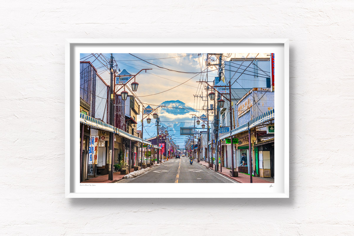 Road to Mount Fuji Street View Print. The best street view of the iconic mountain from Fujiyoshida. Framed art photography, wall art prints by Allan Chan.