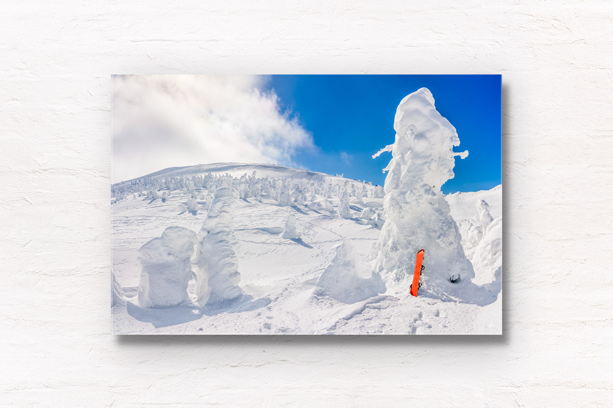 Snow Monsters Zao Onsen Print. Fluffy piles of snow covered trees towering over a snowboard. Framed art photography, wall art prints by Allan Chan.