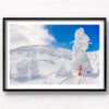 Snow Monsters Zao Onsen Print. Fluffy piles of snow covered trees towering over a snowboard. Framed art photography, wall art prints by Allan Chan.