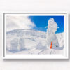 Snow Monsters Zao Onsen Print. Fluffy piles of snow covered trees towering over a snowboard. Framed art photography, wall art prints by Allan Chan.