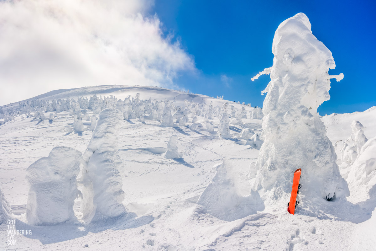 Snow Monsters Zao Onsen Print. Fluffy piles of snow covered trees towering over a snowboard.