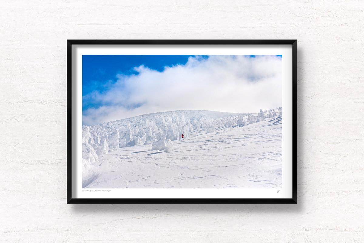 A hiker surrounded by juhyo (Snow Monsters) Mount Zao, Japan during winter. Framed art photography, wall art prints by Allan Chan.
