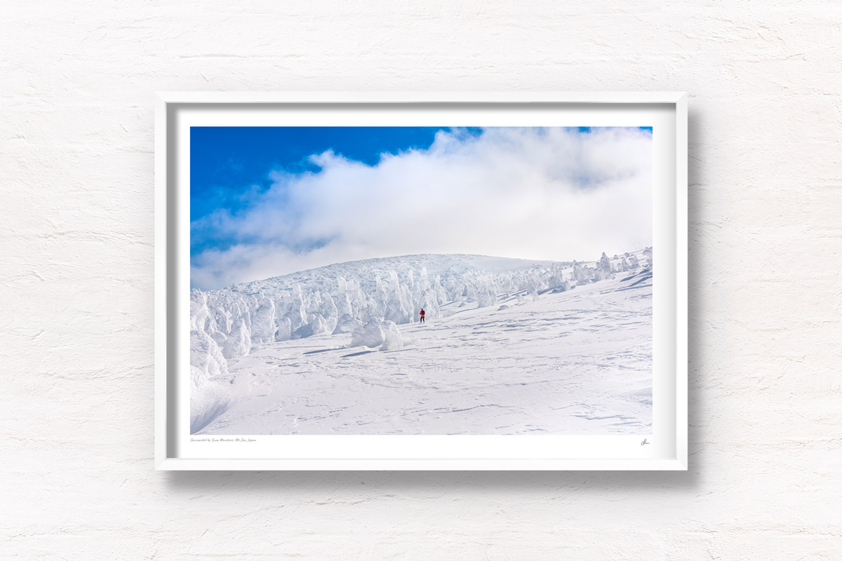 A hiker surrounded by juhyo (Snow Monsters) Mount Zao, Japan during winter. Framed art photography, wall art prints by Allan Chan.