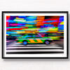Tokyo Taxi Long Exposure night neon lights streaking in Shinjuku with the iconic striped green and yellow Tokyo Taxi. Framed art photography, wall art prints by Allan Chan.