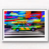 Tokyo Taxi Long Exposure night neon lights streaking in Shinjuku with the iconic striped green and yellow Tokyo Taxi. Framed art photography, wall art prints by Allan Chan.