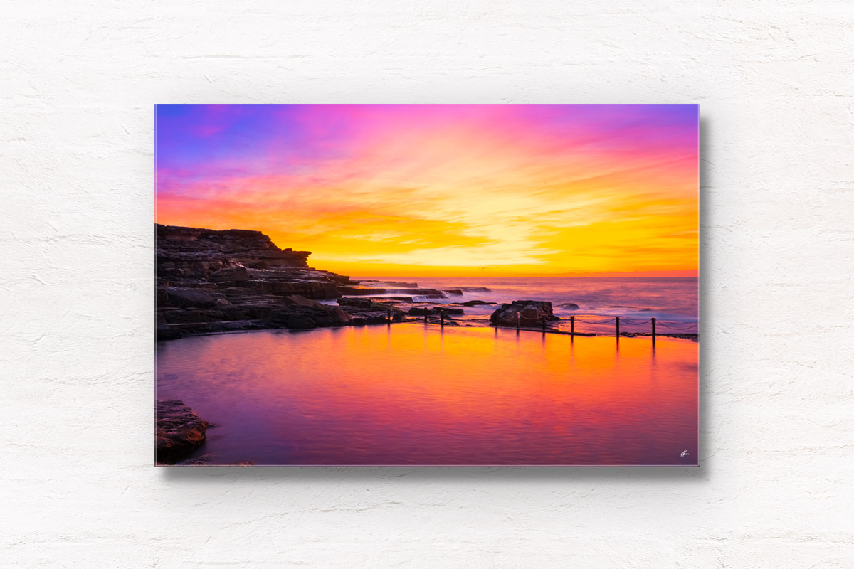 Magnificent Mahon Pool Sunrise photography wall art print, taken during a spectacular autumn pink, fiery sky. Framed art photography, wall art prints by Allan Chan.
