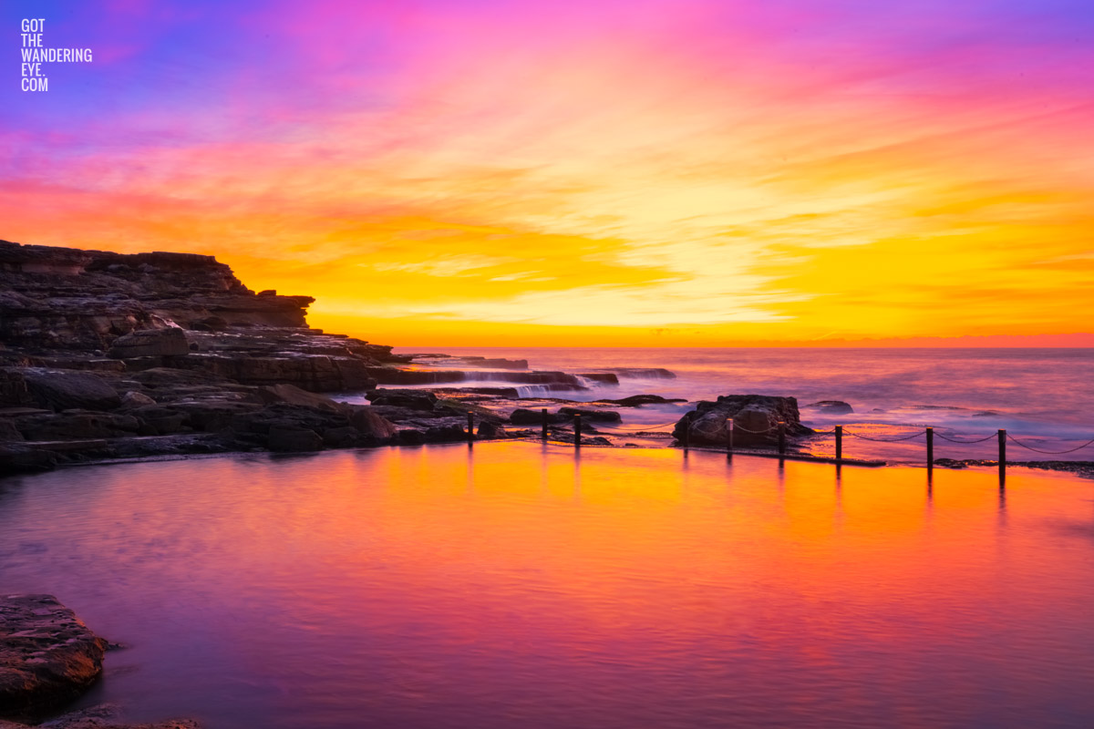 Magnificent Mahon Pool Sunrise photography wall art print, taken during a spectacular autumn pink, fiery sky.