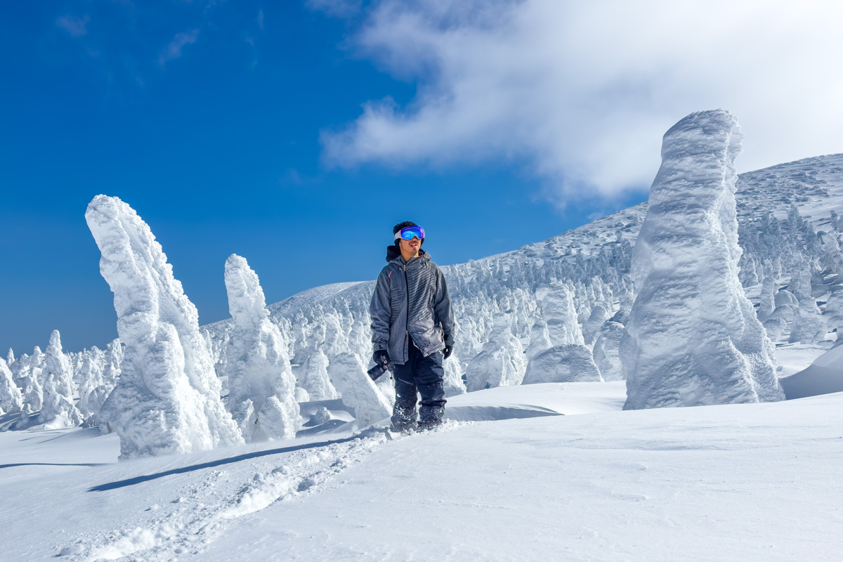Allan Chan landscape photographer hiking in Zao Onsen's Snow Monsters in Japan.