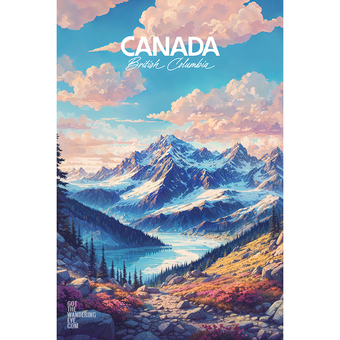 Canada Travel Poster. Mountains and glacial lake digitally illustrated wall art poster print by Allan Chan.