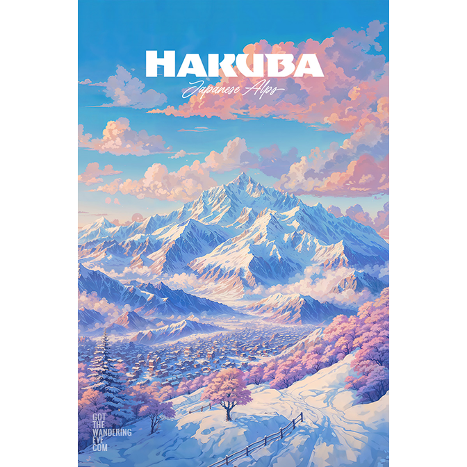 Hakuba Travel Poster. Snowy winter wonderland in Japan. Digitally illustrated wall art poster print by Allan Chan.