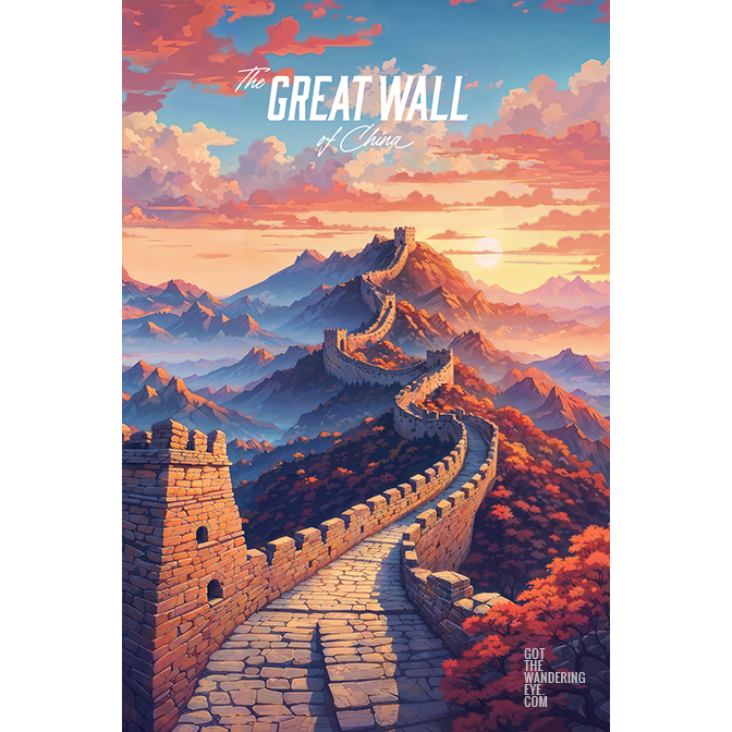 Great Wall of China Travel Poster. Sunset at The Great Wall of China, digitally illustrated wall art poster print by Allan Chan.