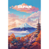 Japan Travel Poster, featuring the iconic Mount Fuji and red pagoda. Digitally illustrated wall art poster print by Allan Chan.