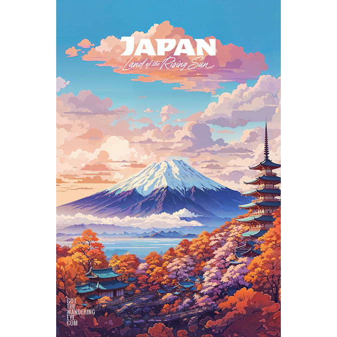 Japan Travel Poster, featuring the iconic Mount Fuji and red pagoda. Digitally illustrated wall art poster print by Allan Chan.