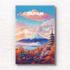 Japan Travel Poster, featuring the iconic Mount Fuji and red pagoda. Digitally illustrated wall art poster print by Allan Chan. Framed art photography, wall art prints by Gotthewanderingeye.
