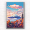 Japan Travel Poster, featuring the iconic Mount Fuji and red pagoda. Digitally illustrated wall art poster print by Allan Chan. Framed art photography, wall art prints by Gotthewanderingeye.