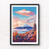 Japan Travel Poster, featuring the iconic Mount Fuji and red pagoda. Digitally illustrated wall art poster print by Allan Chan. Framed art photography, wall art prints by Gotthewanderingeye.