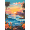 Maui Travel Poster. Digitally illustration of sunset and tropical flowers and palm trees over the beach in Hawaii.