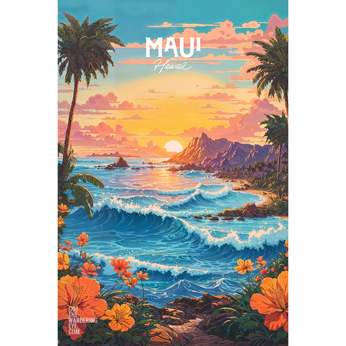 Maui Travel Poster. Digitally illustration of sunset and tropical flowers and palm trees over the beach in Hawaii.